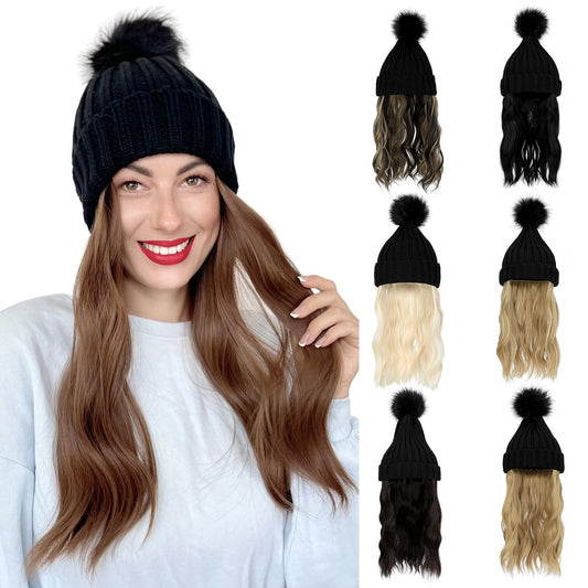 Cephermer Women Beanie Hat with Hair Attached Warm Knitted Pom Cap Attached 14inch Long Wavy Curly Hair Extensions Synthetic Hairpiece