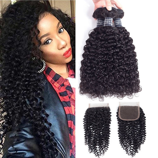 Amella Hair Brazilian Curly Human Hair Bundles with Closure Grade 8A Virgin Unprocessed Brazilian Hair Weave Bundles with Closure Free Part 16 18 20 with 16" Closure