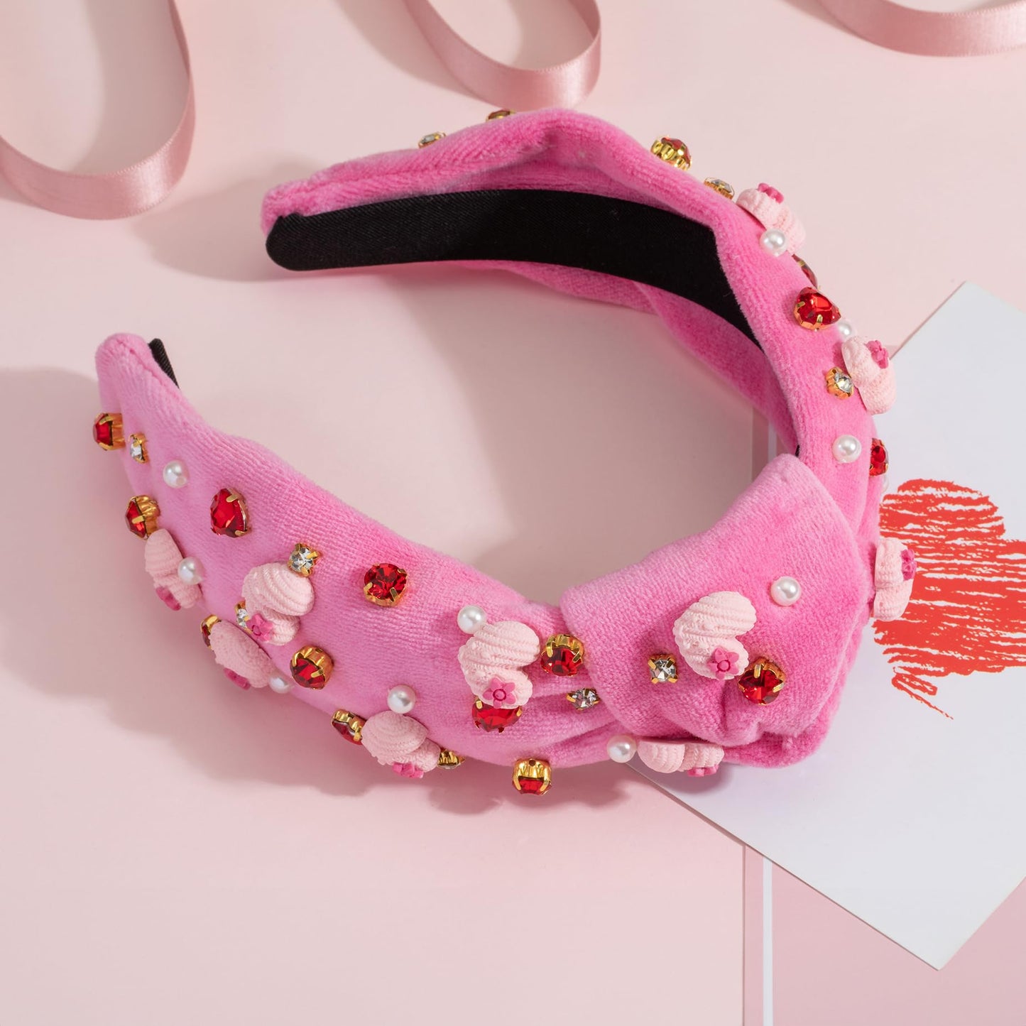 Valentine's Day Rhinestone headband for women Pink Heart Love Charm Embellished Top Pink Hairband Twist Wide Hair Band (Valentine pink-pink heart)