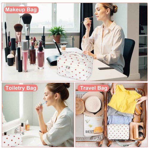 BuyCard Quilted Makeup Bag Set, 3Pcs Cotton Floral Cosmetic Bags, Cute Aesthetic Coquette Makeup Bag Travel Cosmetic Organizer with Toiletry Pouch & Brush Holder for Women, Strawberry Beige