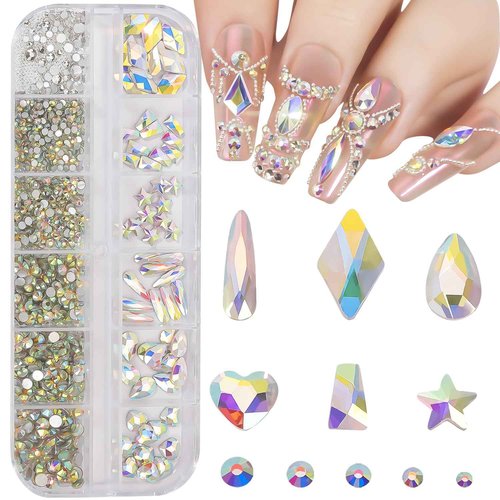 DZHILHMX Nail Rhinestones - 3D Multi Shape Size, AB Crystals, Beads, Flat Back, Gems Rhinestones, for Nail Art and DIY Decor