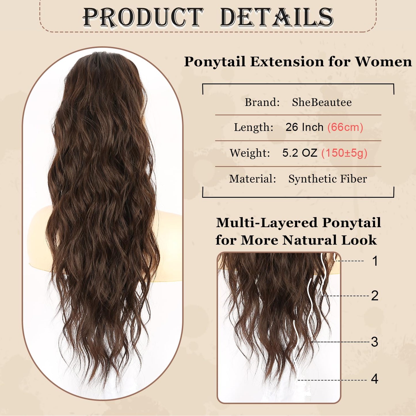 SheBeautee Ponytail Extension Drawstring Ponytail Hair Extensions for Women Long Curly Wavy Synthetic Hairpiece for Daily Use Party (26 Inch, Deepest Brown)