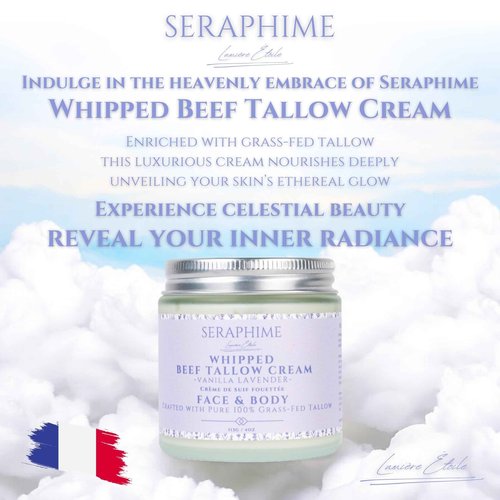 Seraphime Whipped Beef Tallow for Skin Care, Organic Pure Grass Fed Beef Tallow Moisturizer Cream for Face & Body Lotion, Cow Tallow with Niacinamide, Shea Butter & Aloe, Vanilla Lavender 4oz