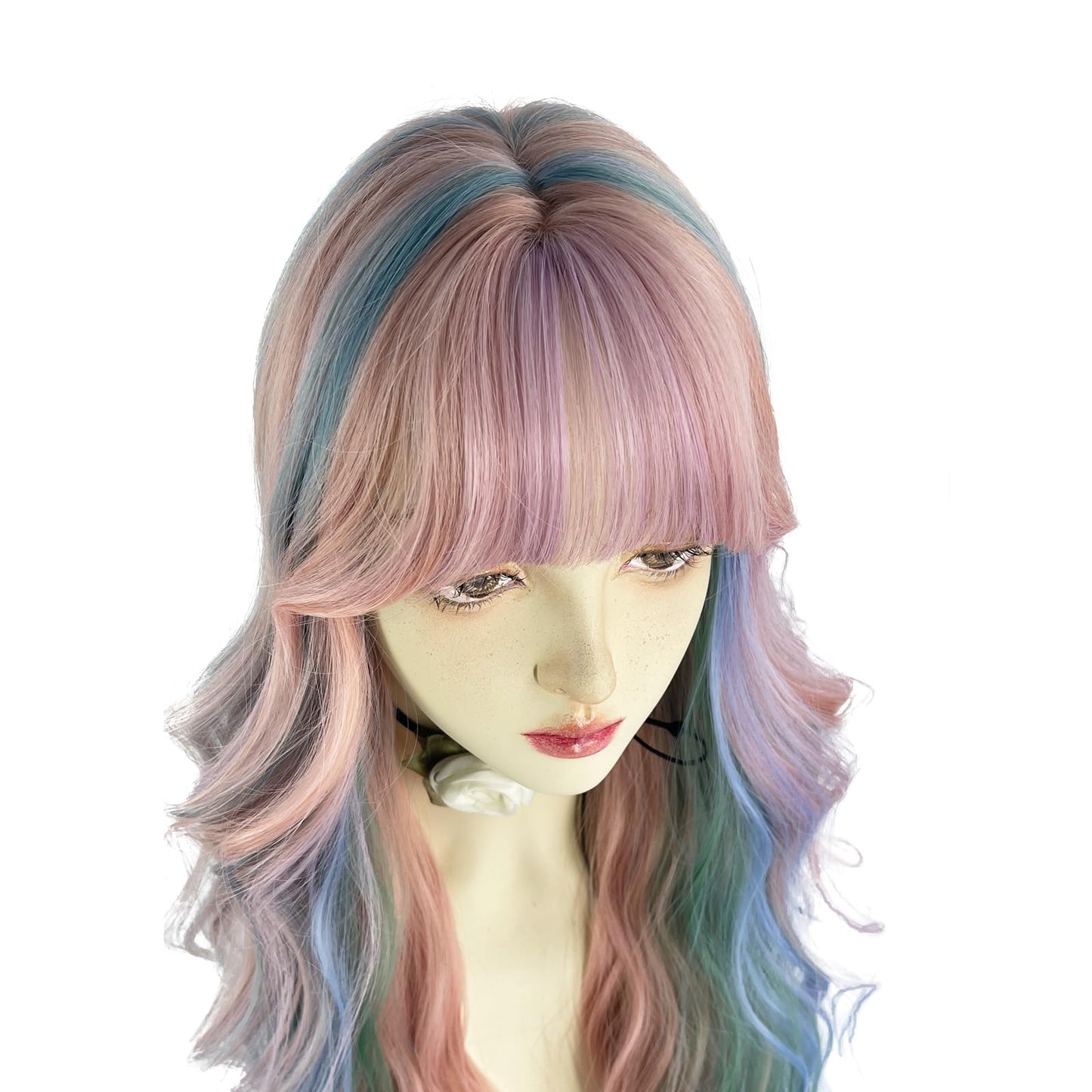 WKLOUYHE Rainbow Long Wavy Wigs with Bangs for Women Loose Wavy Wig Curly Wavy Synthetic Cosplay Wig for Girl Colorful Costume Wigs