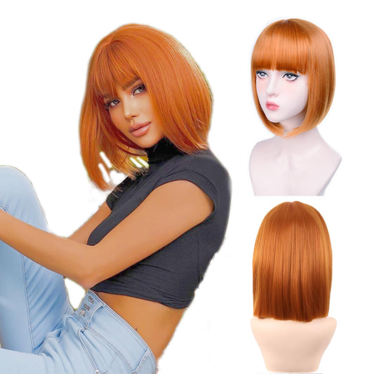 Tangyaoyusun 12Inch Light Brown Wig with Bang Short Straight Bob Hair For Girls Women Theme Partyr (Light Brown)