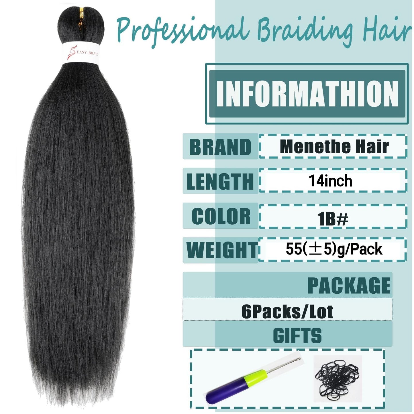 Menethe Hair Braiding Hair Pre Stretched 14inch Natural Black Braiding Hair Hot Water Setting Professional Soft Yaki Texture Synthetic Hair Extensions(14Inch,1B#).