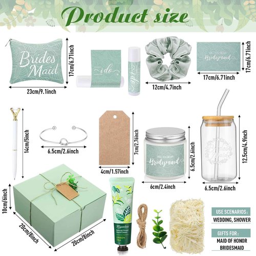 Meanplan 14 Pcs Bridesmaid Proposal Gifts Set, Will You Be My Bridesmaid Gifts with Proposal Box Glass Cup Makeup Bag Cards Lip Balm Hand Cream Candle Scrunchie Bracelet Diamond Pen for Wedding(Green)