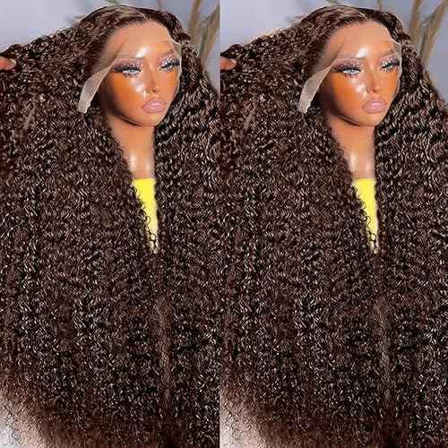 Full Deep Wave Lace Front Wigs Human Hair Chocolate Brown 220% Density 13x6 HD Lace Front Wigs Human Hair Pre Plucked Deep Curly Lace Frontal Wigs for Women Brazilian Virgin Hair 24inch
