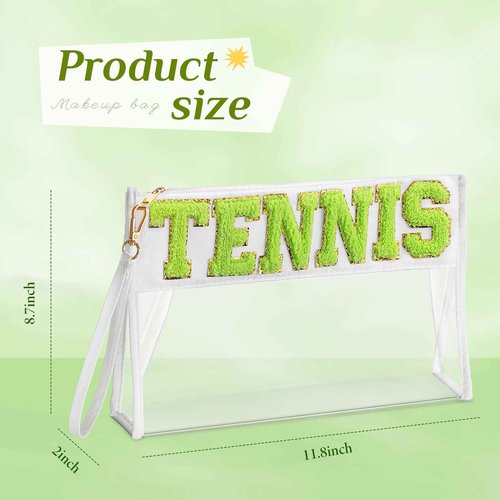 Remerry Clear Chenille Letter Makeup Bag Stand up Snack Bags Preppy Cosmetic Pouch Expandable Clear Travel with Wrist Strap Zipper Portable Multipurpose PVC Nylon for Women Travel(White,Tennis)