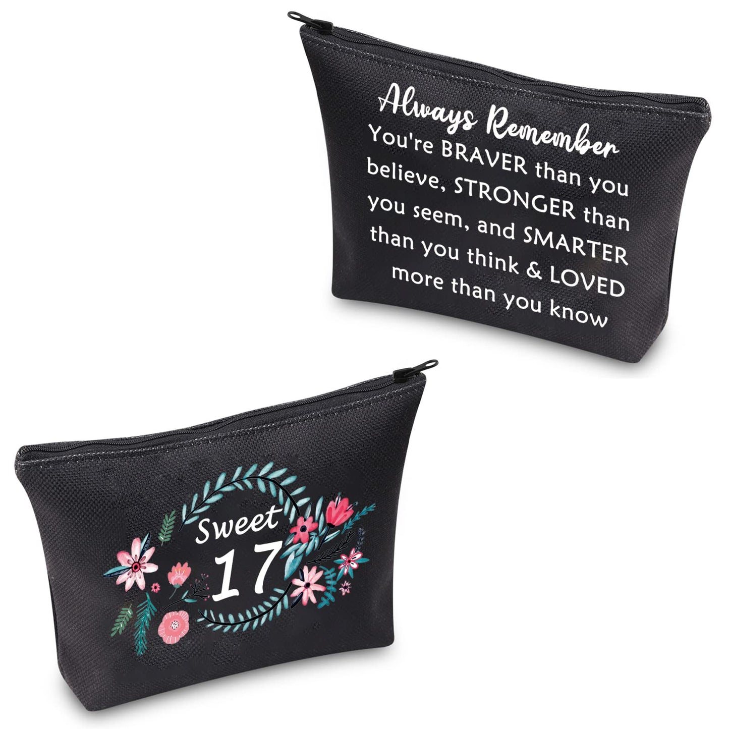 MBMSO Sweet 17 Makeup Bag Happy 17th Birthday Gift Bag 17 Year Old Girl Gifts Inspirational Gifts Black (Sweet 17 Makeup Bag Black)