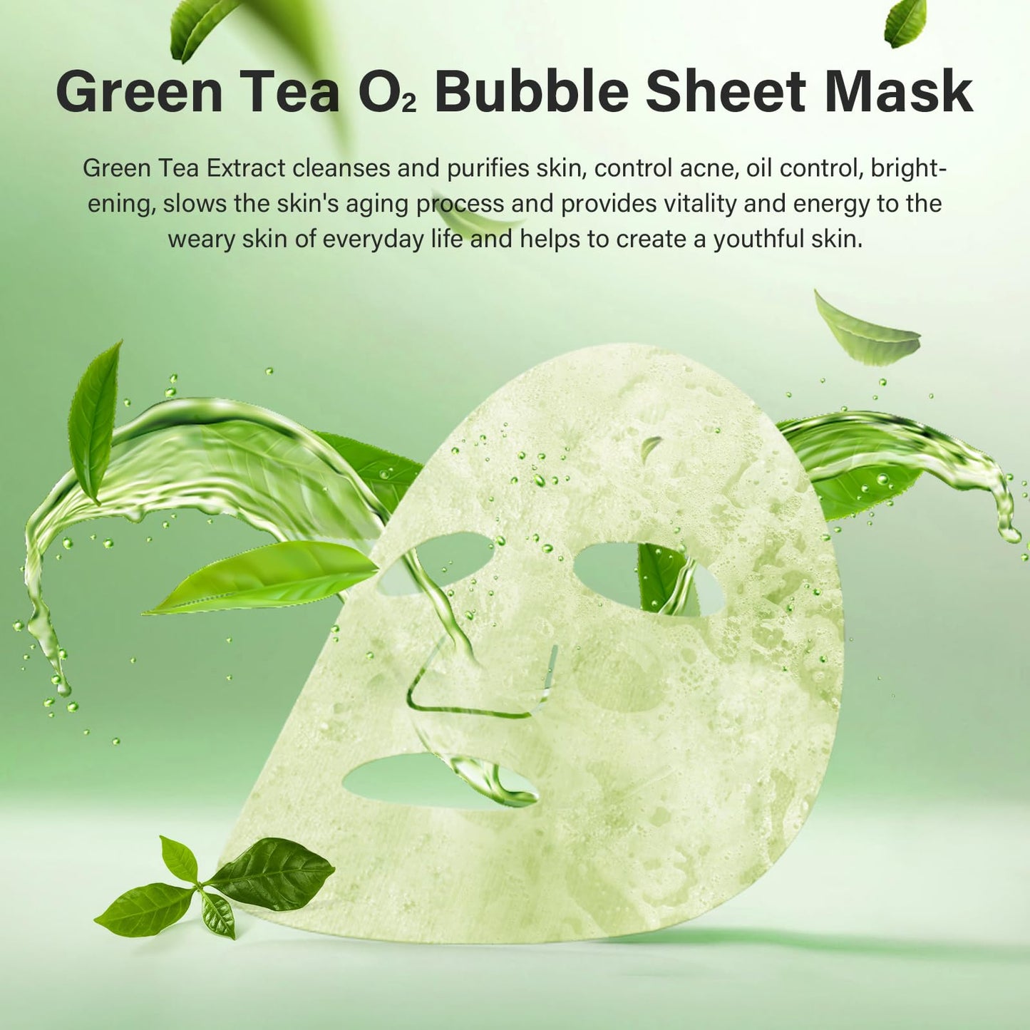 Tamoskiny Green Tea O2 Bubble Face Mask, 10 Pack, Skin Treatment Mask, Sheet Form, Deep Cleansing, Purifying, Moisturizing, Brightening