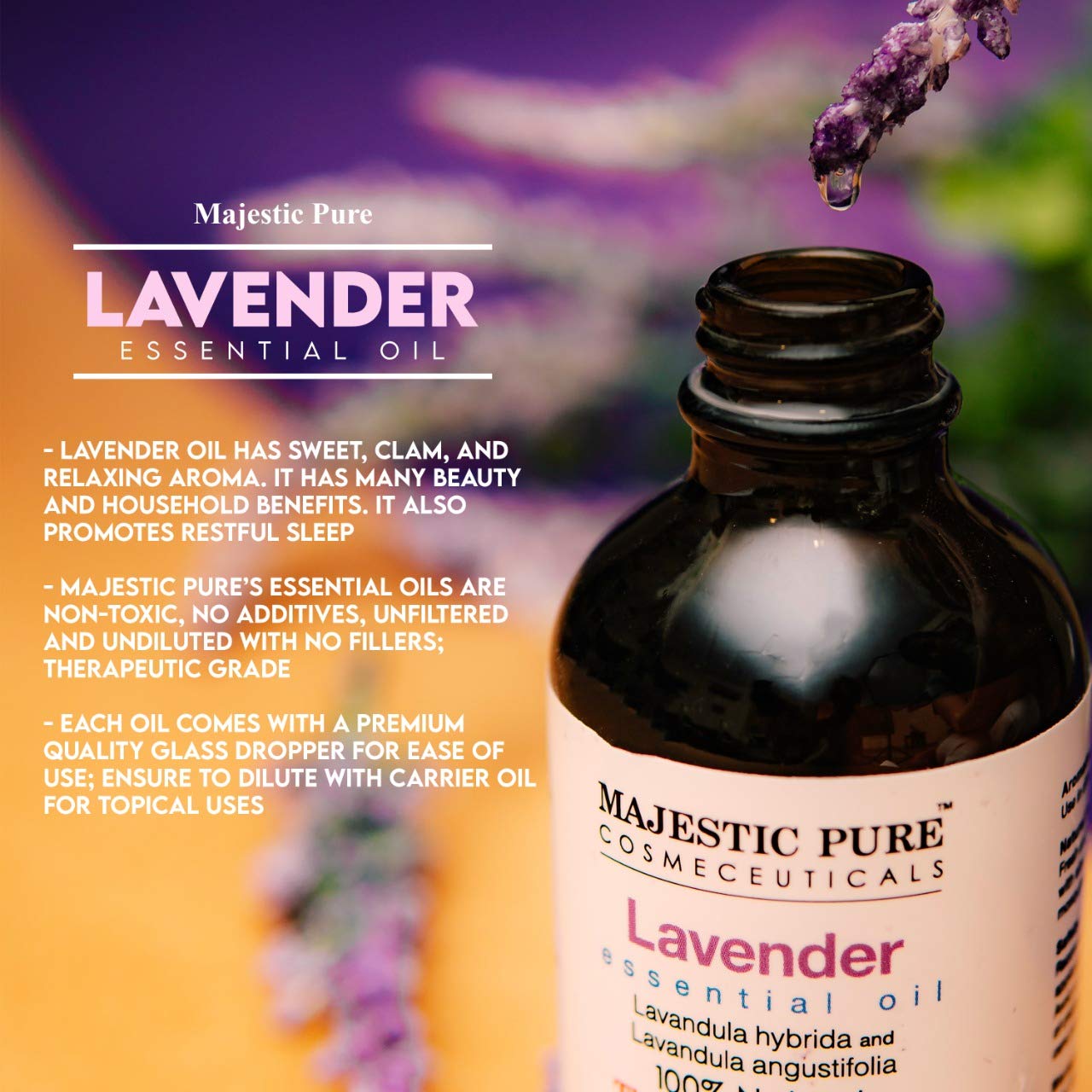 MAJESTIC PURE Lavender Essential Oil | 100% Pure and Natural | Premium Grade Essential Oils for Hair Care, Home Diffusers, Skin, Aromatherapy, Massage and Humidifiers | 4 Fl Oz (Pack of 2)