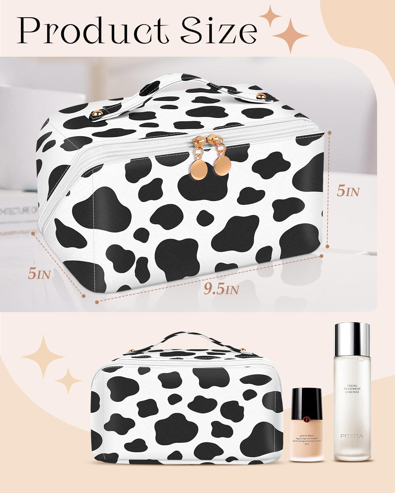 Bistup Makeup Bag Travel Cosmetic Bag Toiletry Make Up Bags Cute Women Large Capacity Big Medium Leather Cow Print Aesthetic Girl Teen Teenage Square Foldable Expandable Open Flat Zip