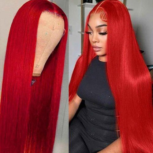 TaBeWay Red Colot Straight Synthetic 13x4 T-part Wigs with Baby Hair Glueless Pre-plucked Natural Hairline Synthetic Lace Front Wigs for Women 32inch