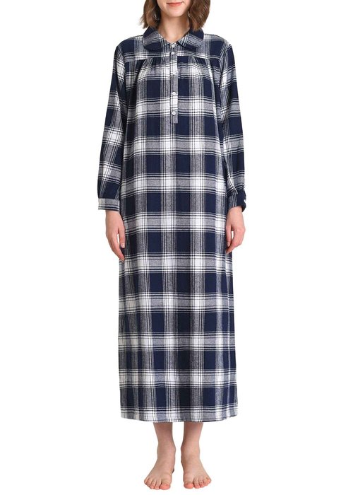 Latuza Women's Long Flannel Nightgown Long Sleeve Floor Length M Navy