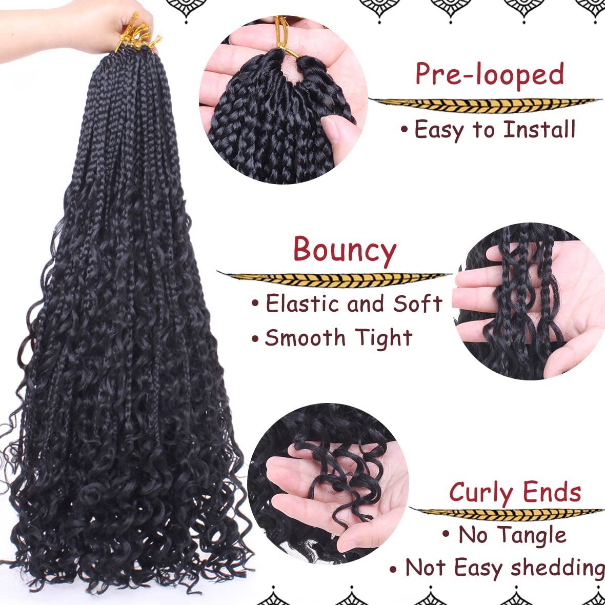 Beverlee 30 Inch Boho Box Braids 8 Packs Goddess Box Braids Bohemian Box Braids Crochet Hair Crochet Box Braids with Curly Ends Pre-looped Synthetic Long Crochet Hair for Black Women