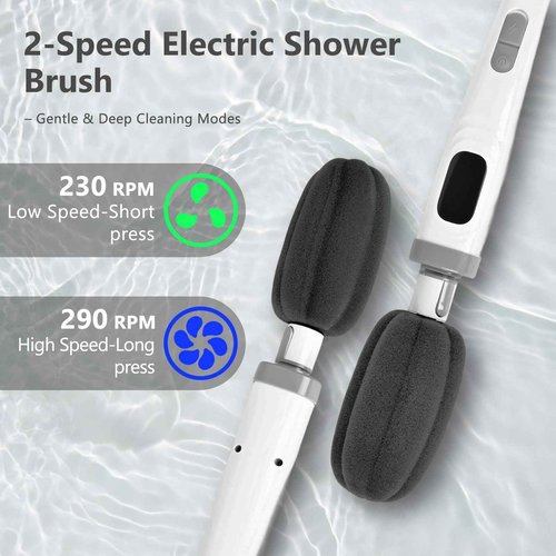 Goldium Electric Body Brush Back Scrubber for Shower - 3 in 1 Waterproof & Rechargeable with Long Handle, 3 Heads & 2 Speeds for Foam Generating, Cleansing, Exfoliating, Foot Callus Remover