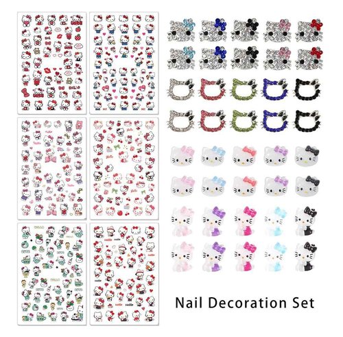 6 Sheets Cute Cat Nail Stickers and 40Pcs Cartoon Red Pink Cat Nail Charms Set Kawaii Cat Heart Letter Nail Art Decals Charms for Women DIY Party Nail Decoration Accessories