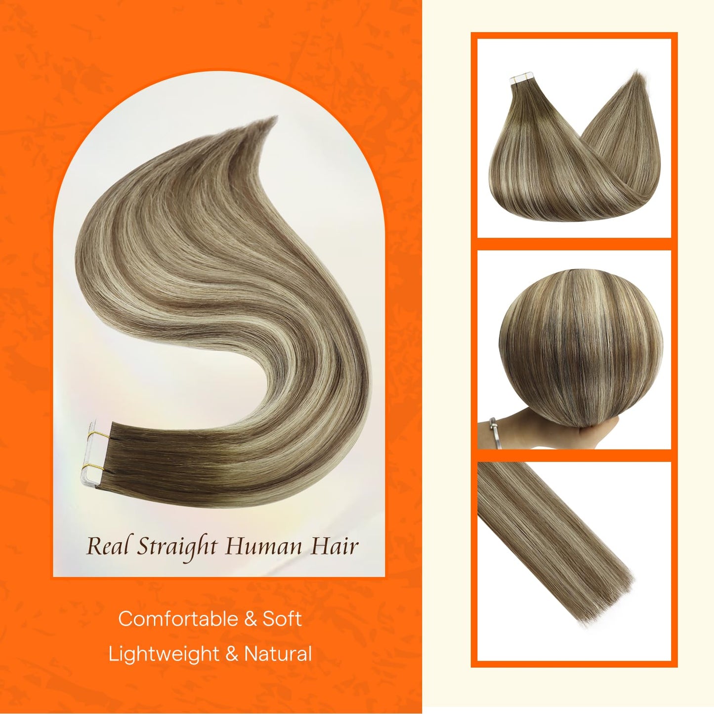 Full Shine Tape in Hair Extensions Human Hair 12 Inch Tape ins Human Hair Extensions Balayage Color 3/8/22 Dark Brown Fading To Brown and Blonde Hair Extensions Real Human Hair 20Pcs 30G Remy hair