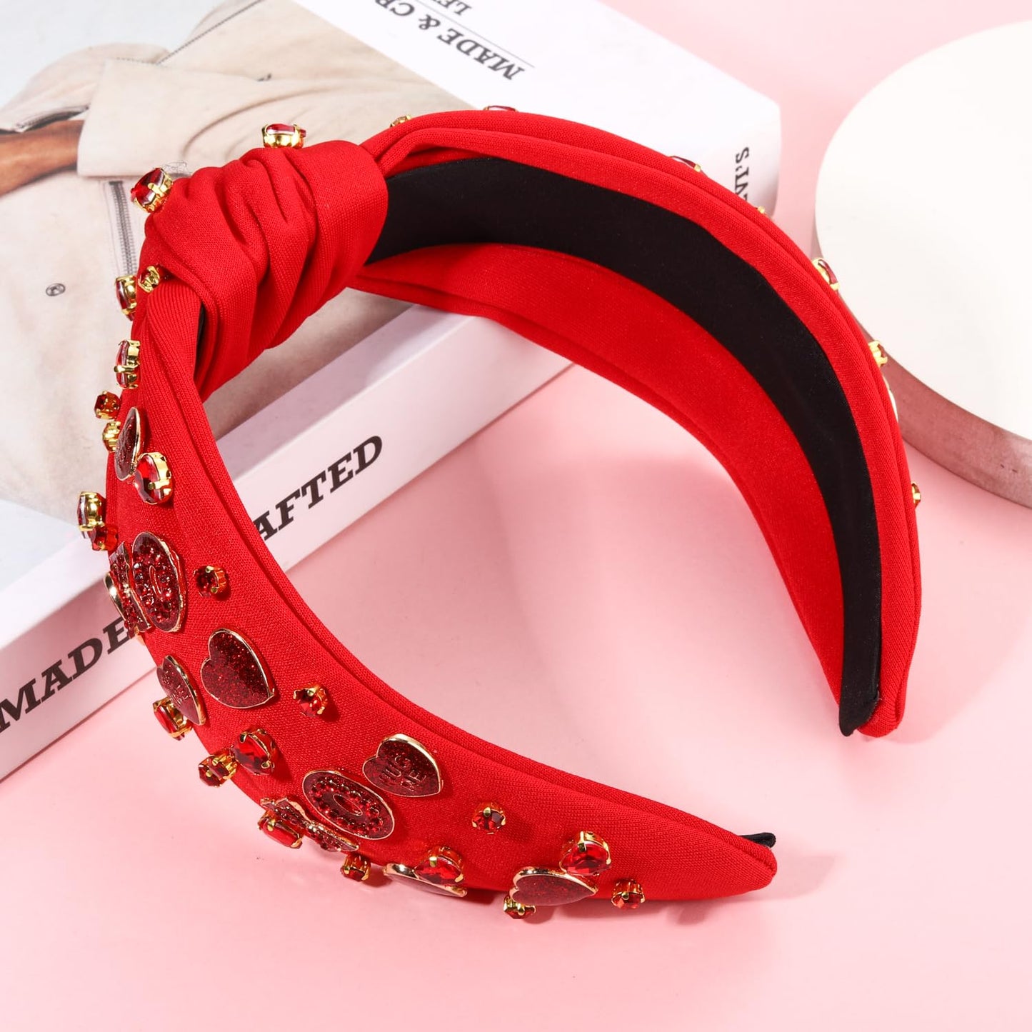 JERTOCLE Valentine's Day Headband for Women XOXO LOVE Conversation Heart Headband Jeweled Red Pink Crystal Knotted Headband Valentines Galentines Day Hair Accessories Party Gifts (Red3)