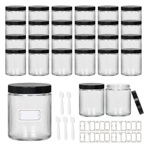 24 Pack 8 oz Glass Jars with lids, Clear Cosmetic Jars with Inner Liners and Black Lids, Lotion Jars, Candle Making Jars for Lotions, Scrubs and Cosmetic, Lables and Spatulas Include