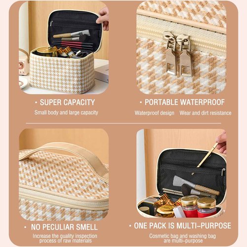 QIXCOZTI Portable Travel Toiletry Houndstooth Bag Men and Women kilobird Plaid Cosmetic Bag Bathroom Storage Bag (8.7INX6INX5.5IN) for Brushes Set,Full-Sized Shampoo,Toiletries,Accessories(black)