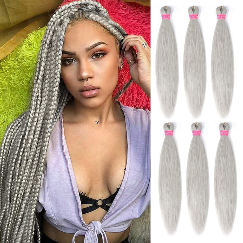 ZERAL Pre Stretched Braiding Hair 6 Packs 28 Inch Long Braiding Hair Professional Synthetic Braiding Crochet Twist Braids Yaki Straight Texture Hair Hot Water Setting (Silver)