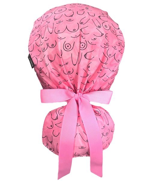 CALOMED Scrub Cap for Women and Men, Ponytail Scrub Caps, Working Hat, Head Cover with Ribbon Ties and Buttons, Long Hair (Boobs on Pink)