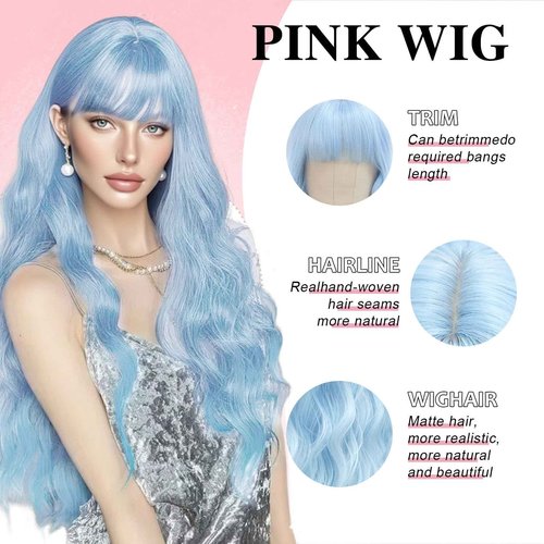 NOSTALGIA Halloween Blue Wigs for Women 26 Inch Blue Wig with Bangs Long Wavy Synthetic Heat Resistant Wig for Daily Cosplay Use
