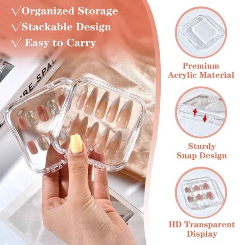 Aemygo 48 Sets Press On Nail Storage Box, Artificial Nail Display Case Acrylic Nail Boxes Press On Nail Packaging Box, Adhesive Double Sided Tape Nail Box for Nail Salon（4 Colors）