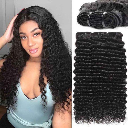 Deep Wave Human Hair Bundles 10 12 14 Inch Deep Curly Bundles Human Hair Double Weft 12A Brazilian Virgin Remy Hair Full and Thick
