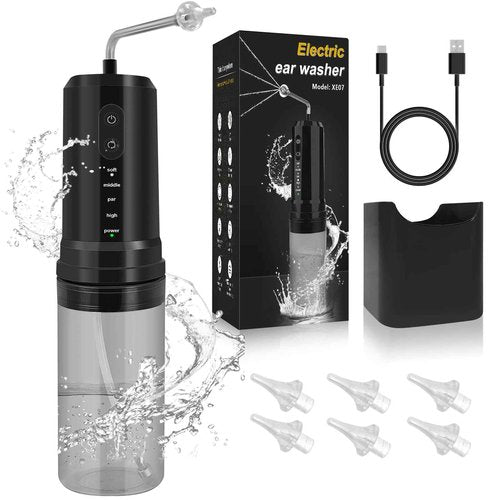 Ear Wax Removal, Electric Ear Irrigation Flushing System, Water Powered Ear Cleaner with 4 Pressure Modes, 6 Reusable Replacement Tips, Safe and Effective Ear Cleaning Tool for Adults (Black)