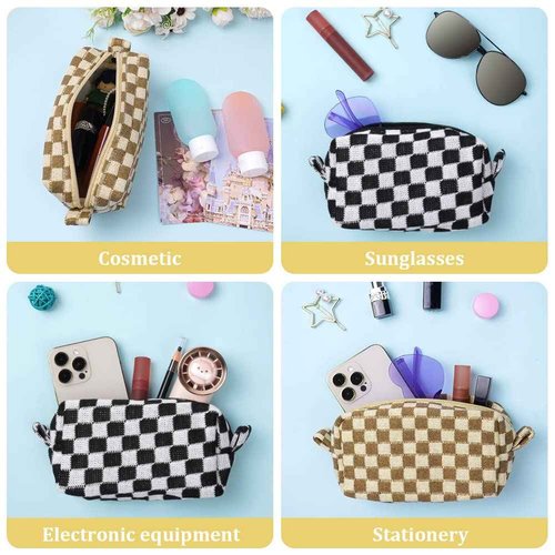 Aucuu 2 Pcs Checkered Makeup Bags, Portable Travel Toiletry Bag with Zipper, Makeup Bag Storage Cosmetic Bag for Women (Black&Light Brown)