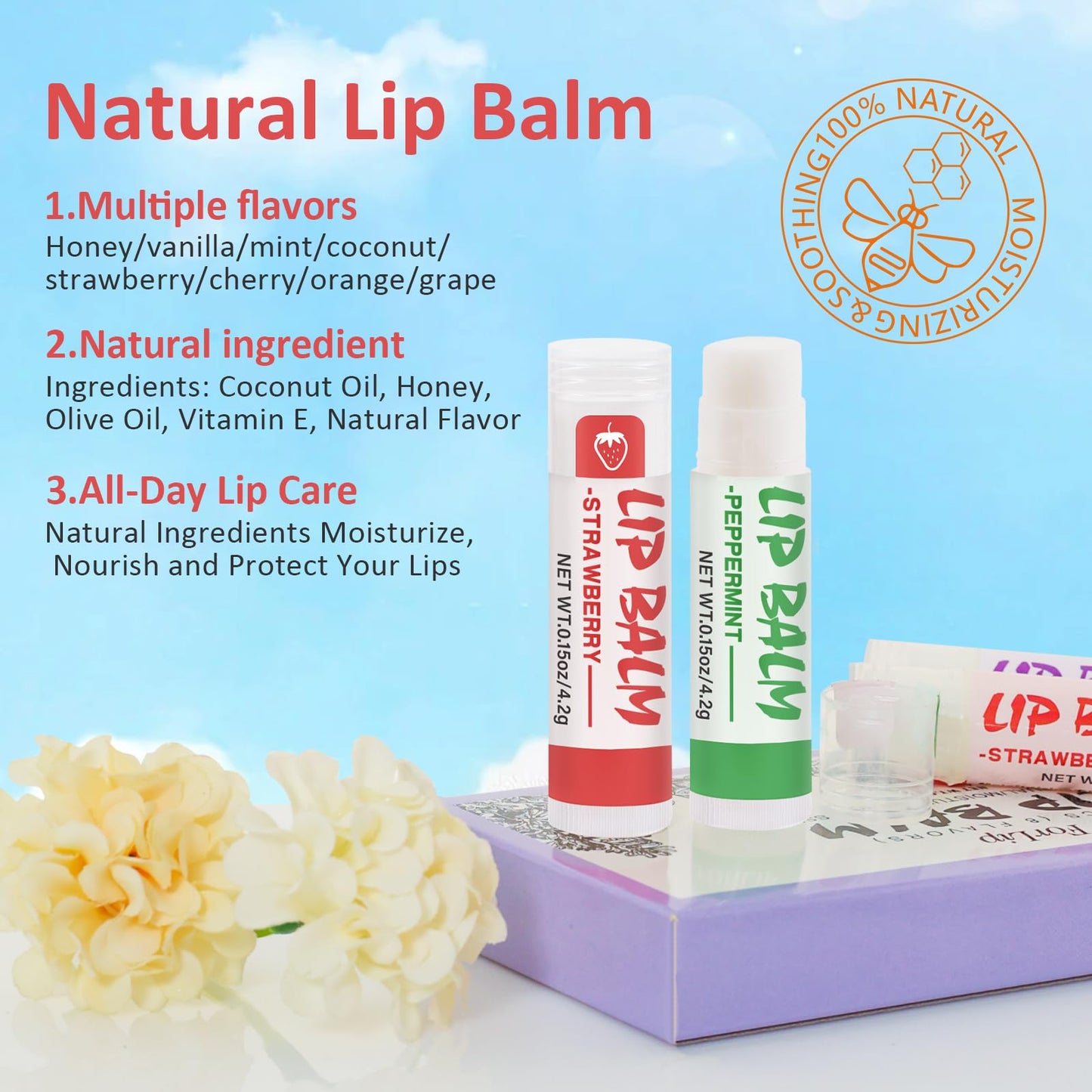 32 Pack Lip Balm, Natural Lip Balm Bulk with Vitamin E and Coconut Oil, Moisturizing Lip Balm for Stocking Stuffers - 8 Flavors