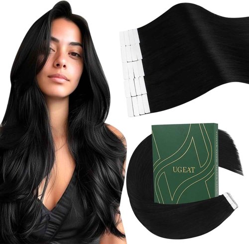 Ugeat Black Tape in Extensions Human Hair for Women #1 Invisible Tape in Hair Extensions Human Hair Jet Black Hair Extensions Seamless 20 Inch 20Pcs 50G