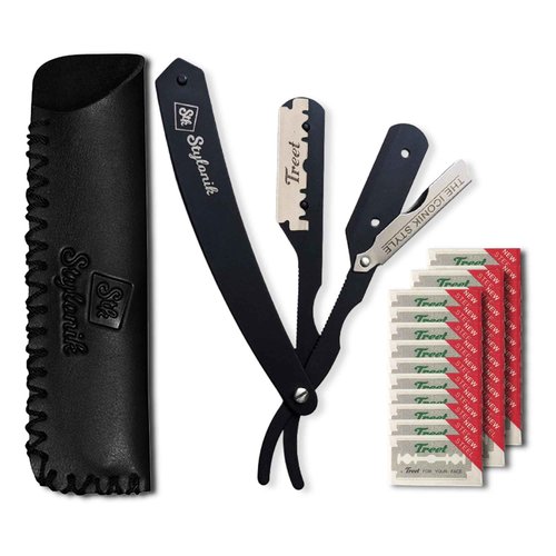 Stylonik Professional Straight Edge Barber Razor – 60 Single/30 Double-Sided Stainless Steel Blades for Men & Women, with Leather Case (Silver)
