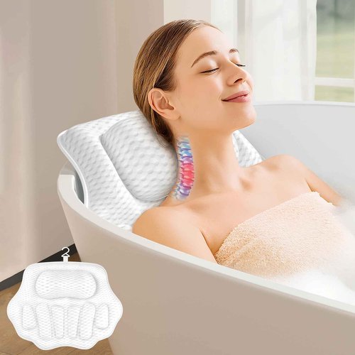 Bath Pillows for Tub, Ergonomic Bathtub Pillow for Head & Neck Relaxation, 4D Air Mesh Bath Cushion with 6 Non-Slip Suction Cups, Fits All Bathtubs (White)