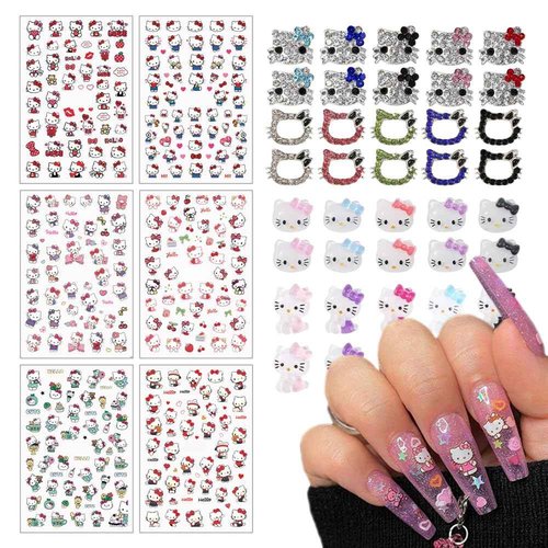 6 Sheets Cute Cat Nail Stickers and 40Pcs Cartoon Red Pink Cat Nail Charms Set Kawaii Cat Heart Letter Nail Art Decals Charms for Women DIY Party Nail Decoration Accessories
