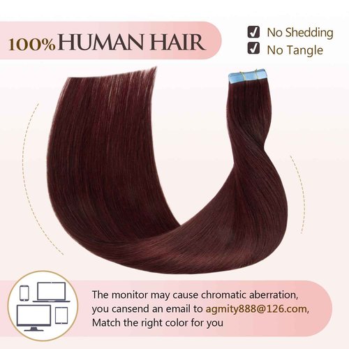 AGMITY Seamless Tape in Hair Extensions Human Hair #99j Burgundy 14 inches 20pcs 40g/pack Weft Skin Invisible Thick Tape in Hair Extensions Real Human Hair(14 inches #99j Burgundy)
