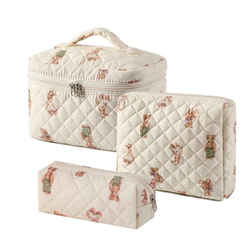 RSRSLEII 3 Pcs Quilted Cotton Makeup Pouch, Coquette Floral Quilted Toiletry Makeup Bag for Women and Girls, Aesthetic Travel Organized Cosmetic Bags(03Bear Pattern)