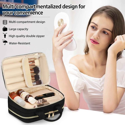 RAINSMORE Travel Makeup Bag Large Capacity Cosmetic Bag Waterproof Makeup Organizer Bag Wide Open Makeup Pouch with Handle Toiletry Bag Make Up Bag for Women Girl Black