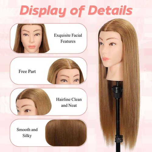 MQHIHI Mannequin Head Human Hair, 80% Real Hair Cosmetology Manikin Head for Practice Braiding Hairstyling Cutting with Free Clamp Holder and Tools (Light Brown)