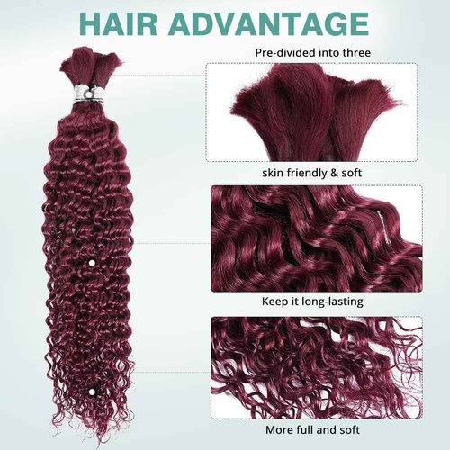 Human Braiding Hair 100g 16 Inch Deep Wave Bulk Human Hair for Braiding 2 Bundles/Pack No Weft Brazilian Virgin Deep Curly Human Hair Extensions Color 99J Burgundy Braiding Hair for Micro Braids