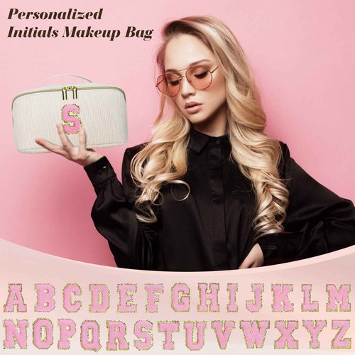 DTBG Personalized Initial Makeup Bag,Christmas Gifts for Girl,Preppy Bag Cosmetic Travel Bag Women,Travel Toiletry Organizer,Large Capacity Corduroy Stuff Bag,Cute Cosmetic Pouch Skincare Bag-C