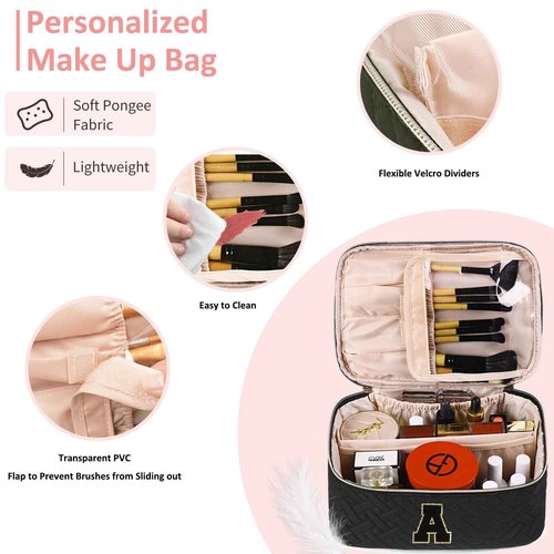 JRQCSJY Gifts Initial Makeup Organizer Bag for Girls, Chenille Letter Personalized Cosmetic Bag with Zipper | Preppy Quilted Portable Makeup Pouch Teen Birthday Gifts (A, Balck)