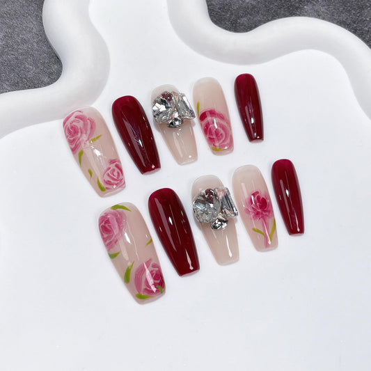 Wsiliana Press On Nail Summer Nails Handmade Acrylic Nails Medium Coffin Nature Lasting Reusable Hand-Painting Rose Design Nails Tip 10Pcs False Nail with Storage Box(081 XS)