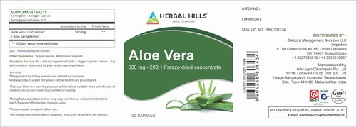 HERBAL HILLS Aloe Vera Capsules (Aloe barbadensis) | 120 Capsules (500 mg) | Pure Aloe Freeze Dried Powder Supplement, High Concentration, Supports Overall Well-Being