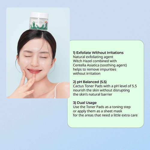 YADAH Cactus Toner Pads 5.07 Fluid Ounce 60 Count, Cruelty Free Facial Cleansing Exfoliator Toning Hydrating Treatment Wipes for Clear Pores Acne Prone Oily Dry Sensitive Skin