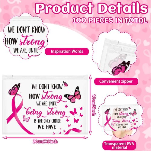 100 Pieces Breast Cancer Awareness Makeup Bags Bulk Pink Ribbon Cosmetic Pouches Breast Cancer Survivor Gifts for Woman Girls Multi Purpose Zipper Eva Waterproof Toiletry Pouch Bags (Vibrant Style)