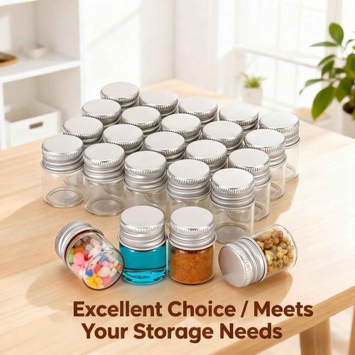 JIUWU 24-Pack 5mL Mini Bottles with Aluminum Screw-Cap, Clear Small Glass Jars with Lids for Essential Oil & Decoration, Small Glass Bottle for DIY Art Craft Storage